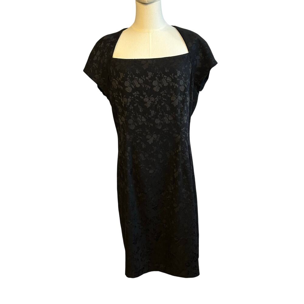 VTG 90s CDC Black Floral Jacquard Square Neck Midi Dress 14